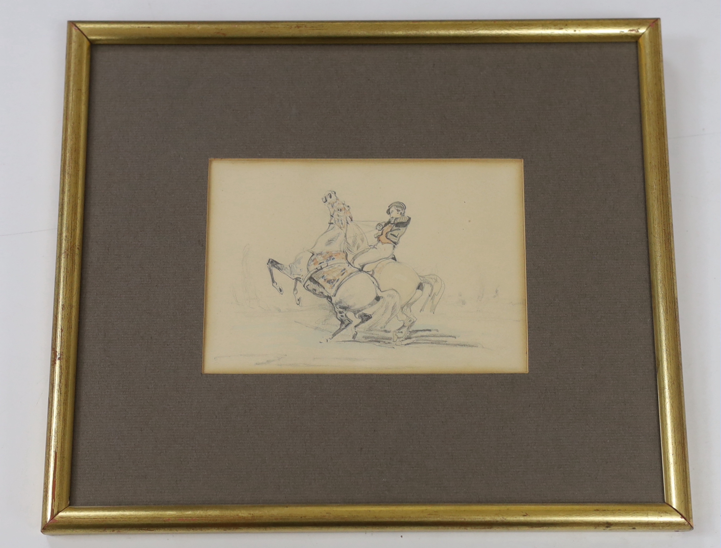 A. Jacquemont (c.1840), pencil and wash, 'Groom with two rearing horses', details verso, 15.5 x 11cm